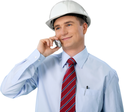 Portrait of Male Architect Wearing Helmet and Talking on Mobile Phone