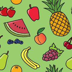 A seamless pattern of common fruit that would be found at most grocery stores.