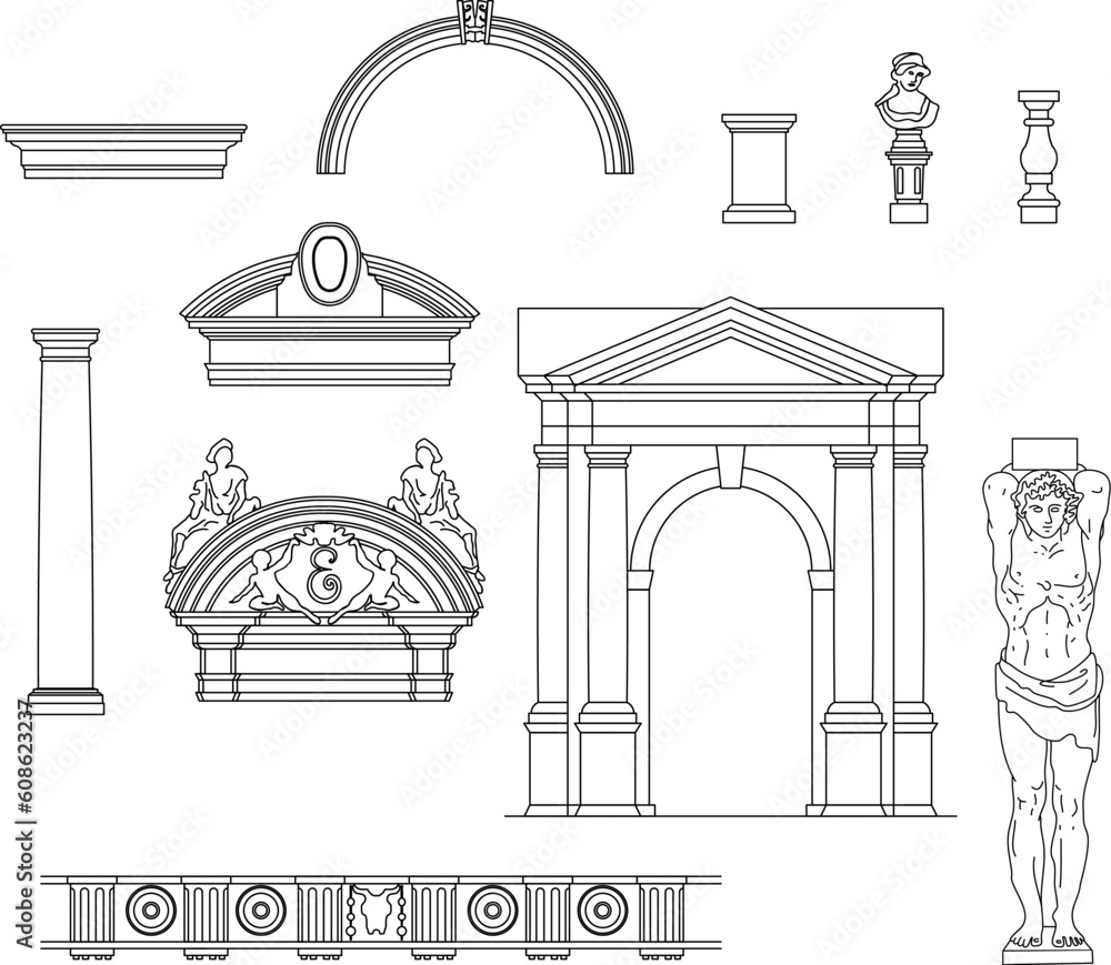 Poster antique architecture set to build decorative borders and compositions