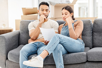 Couple reading letter, house foreclosure and financial crisis, debt and stress with moving to new...
