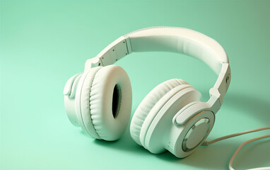 Photo of White Headphones on Pale Green background. Product Photography . Futuristic Design ideal for Wallpaper.