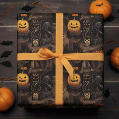 Halloween gifts. Halloween printable wrapping paper. Happy halloween. Generative AI.