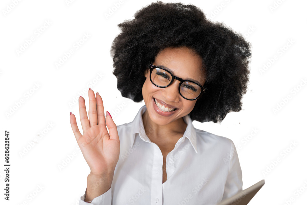 Wall mural Portrait of a student smiling gesture hello looking at the camera curly-haired bespectacled young woman friendly. Transparent background, isolated. - Wall murals