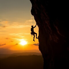 Silhouette of a Rock Climber on a Rock Cliff Adventure and Thrill, Generative Ai