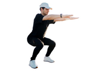 Uses a fitness watch for workout measuring results. A male trainer does a workout