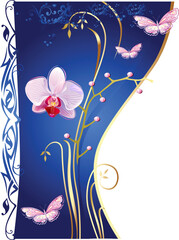 Orchids and butterflies on blue background