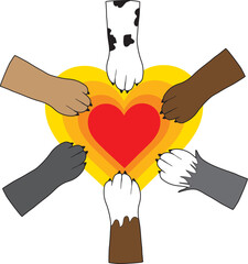 A central, radiating heart image, has dog paws placed upon it as a symbol of canine love and unity?
