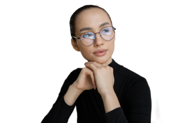 Portrait of a woman with glasses thinking seriously . Transparent background, isolated.