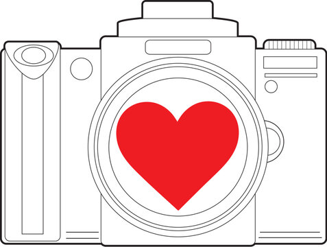 A black outline image of a photo camera, has a red heart in the centre of the camera's lens.