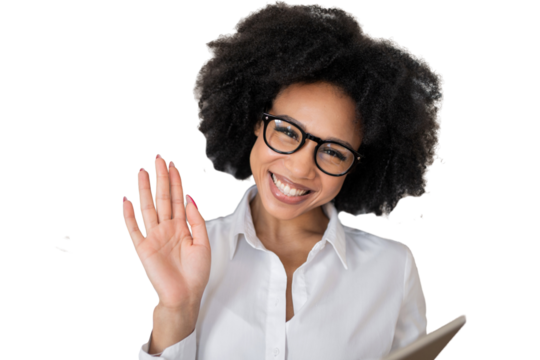 Portrait of a student smiling gesture hello looking at the camera curly-haired bespectacled young woman friendly. Transparent background, isolated.