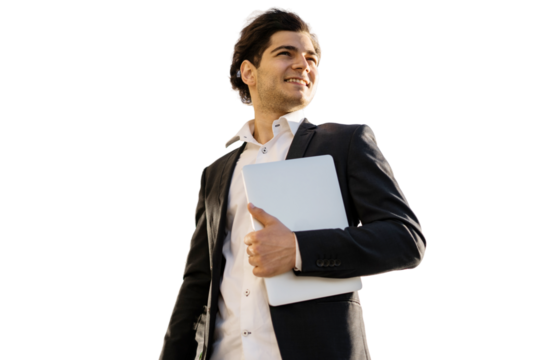 A startup going to work is a confident employee, a successful young businessman, an entrepreneur in formal office clothes. Transparent background, isolated.