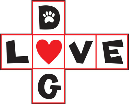 A design based on a hop-scotch layout, the squares having black letters spelling out "Dog Love", with a red heart occupying the central square.