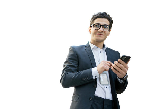 Writes a message to a colleague in glasses startup confident employee successful young businessman entrepreneur in formal clothes for the office. Transparent background, isolated.