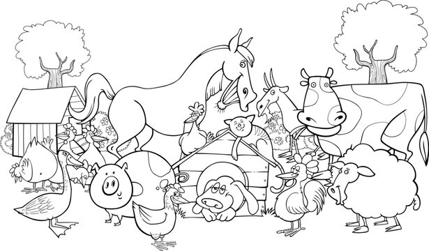 cartoon illustration of farm animals group for coloring book