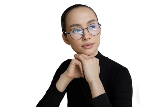 Portrait of a woman with glasses thinking seriously . Transparent background, isolated.