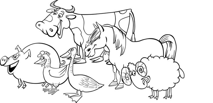Cartoon illustration of funny farm animals group for coloring book