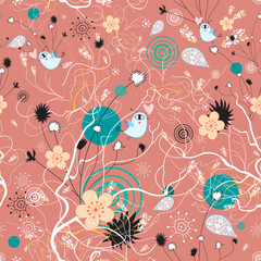 Seamless floral pattern with birds in love on a red background