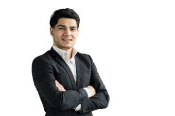 Portrait of a startup confident employee successful young businessman entrepreneur in formal office attire. Transparent background, isolated.