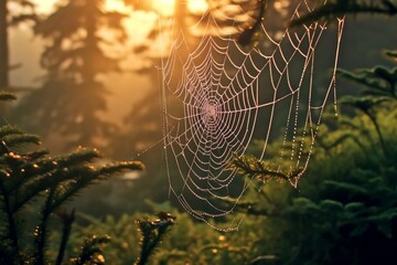 Spider Web with Dew Drops Morning Sunrays in Full Glory, Generative Ai