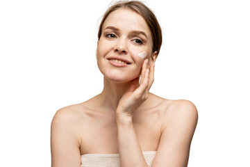 A woman uses a facial skin cream body care. Transparent background, isolated.