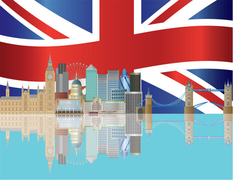 London City Skyline with UK Union Jack Flag Background Illustration