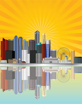 Singapore City Skyline Reflection along the Mouth of Singapore River with Sun Rays Background Illustration