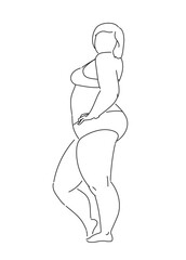 Plus-size woman. Set of Big chubby body Positive woman with fat curvy figures. Attractive Female Standing In Lingery. Vector line sketch Illustration