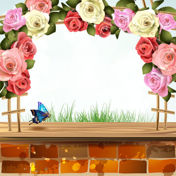 Brick wall with frame of roses
