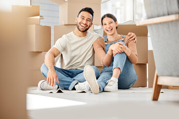 Relax, moving and box with portrait of couple in living room of new home for investment, property...