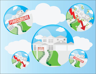 Real Estate Housing Bubble with Foreclosure and Home Value Arrow Illustration