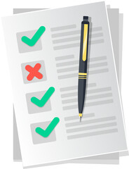 Pen on form with check mark. checklist Certification of documents or works. business icon flat