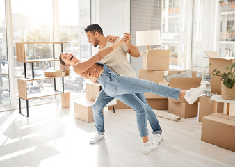 Celebration, dance and couple with boxes, property and excited with rent apartment, mortgage and home. Cardboard, man and woman dancing, real estate and moving with love, quality time and romance
