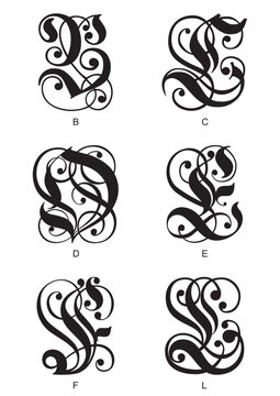calligraphic gothic initials letters B, C, D, E, F, L