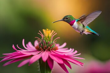 Fototapeta premium A charming hummingbird hovering in mid-air, its iridescent feathers catching the light as it sips nectar from a flower