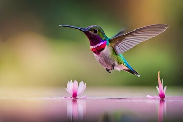 Fototapeta na wymiar A charming hummingbird hovering in mid-air, its iridescent feathers catching the light as it sips nectar from a flower