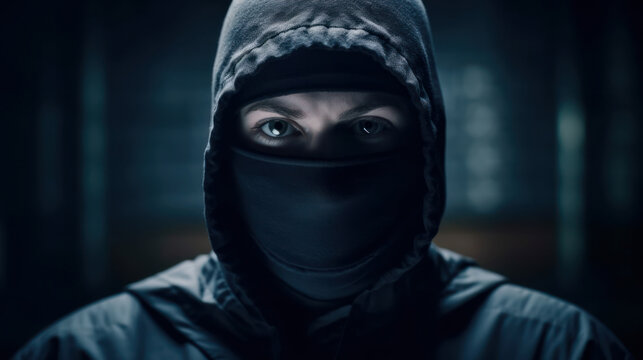hooded person with mask. anonymous criminal or hacker. generative ai
