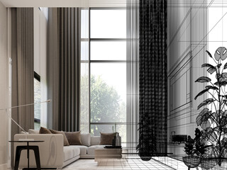 Fototapeta na wymiar cozy living room interior design, 3d rendering wire frame
