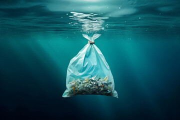 Garbage in a garbage bag floating in the ocean underwater. Ocean pollution with garbage (environmental protection concept).