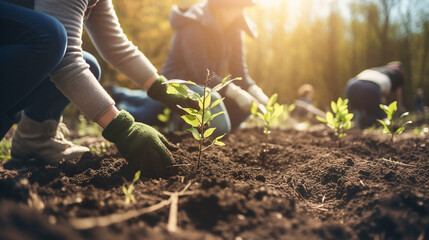 People plant trees with their hands or work in the public garden. Caring for the environment