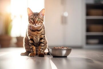 Domestic cat in front of a bowl full of granules on the floor of the perfect bright modern kitchen.