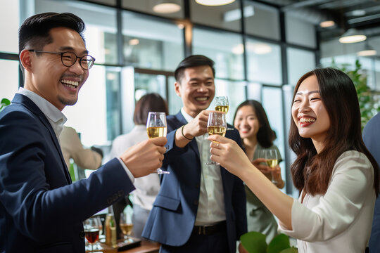 Asian employees raising glasses and cheering to a successful project Generative AI