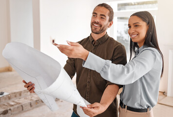 Teamwork, architect and couple with blueprint at construction site for planning. Document,...
