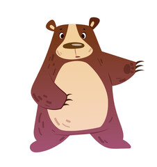 Forest animal icon. Colored badge with funny grizzly in woodland. Cute brown bear sticker for websites, wallpapers and textile design. Cartoon flat vector illustration isolated on white background