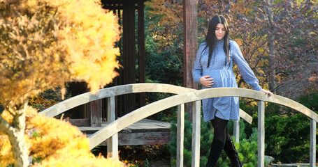 Beautiful pregnant woman walks in autumn park. Happy, pregnant, smiling mother in dress enjoys nature beauty. Maternity happiness outdoor. Expecting baby. Healthy, active pregnancy. Motherhood joy