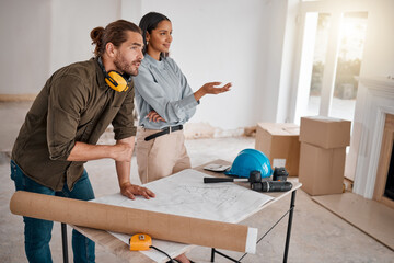 Teamwork, architecture and couple with blueprint in new home, property or construction site. Document, architects and man and woman with design for engineering, building and planning for real estate.