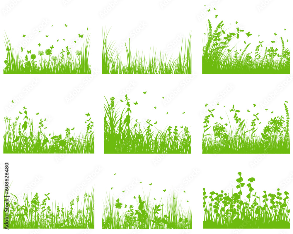 Aufkleber vector grass silhouette background set. all objects are separated.