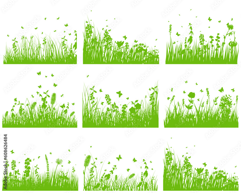 Aufkleber vector grass silhouette background set. all objects are separated.