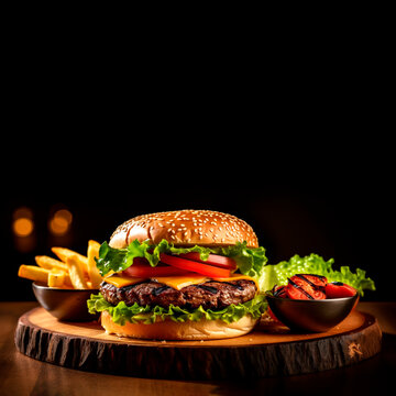 Delicious hamburger with french fries on wooden board on black background with copy space. Generative AI.