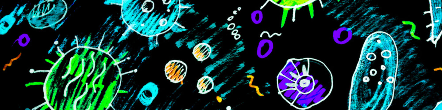 Fluorescent Cancer Molecule. Black Human Leukocyte Antigen. Bright Cancer Dna. Heat Circle. Live Bacteria. Virus Cute. Multicolored Flu.