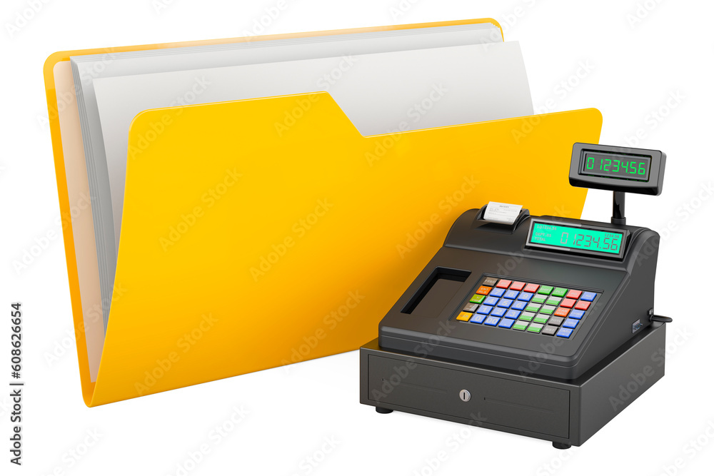 Poster computer folder icon with cash register, 3d rendering